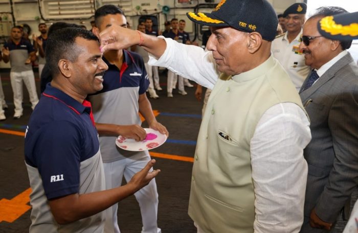 rajnath singh celebrates holi on ins vikrant